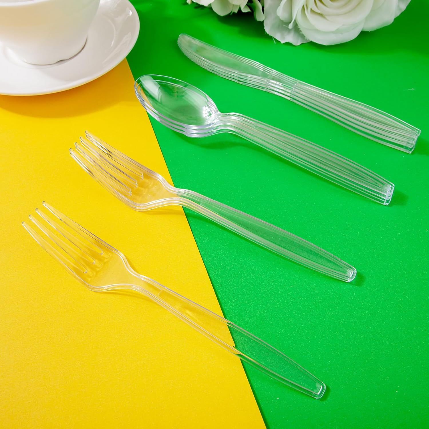 Liacere 360PCS Heavy Duty Clear Plastic Silverware, 150 Forks, 150 Spoons, 60 Knives, BPA-Free, Heat Resistant, Disposable Plastic Utensils Set, Plastic Cutlery Set, Plasticware Bulk for Party