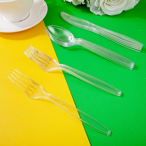 Vista 7 de Liacere 360 cubiertos de plástico transparente resistente, 150 tenedores, 150 cucharas, 60 cuchillos, sin BPA, resistentes al calor, juego de Claer