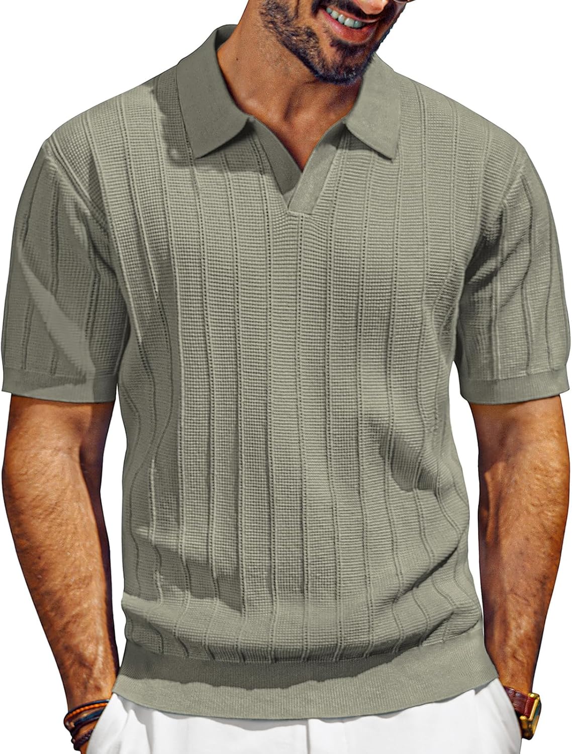 PJ PAUL JONES Mens Polo Shirts V-Neck Knit Polo Textured Summer Shirts