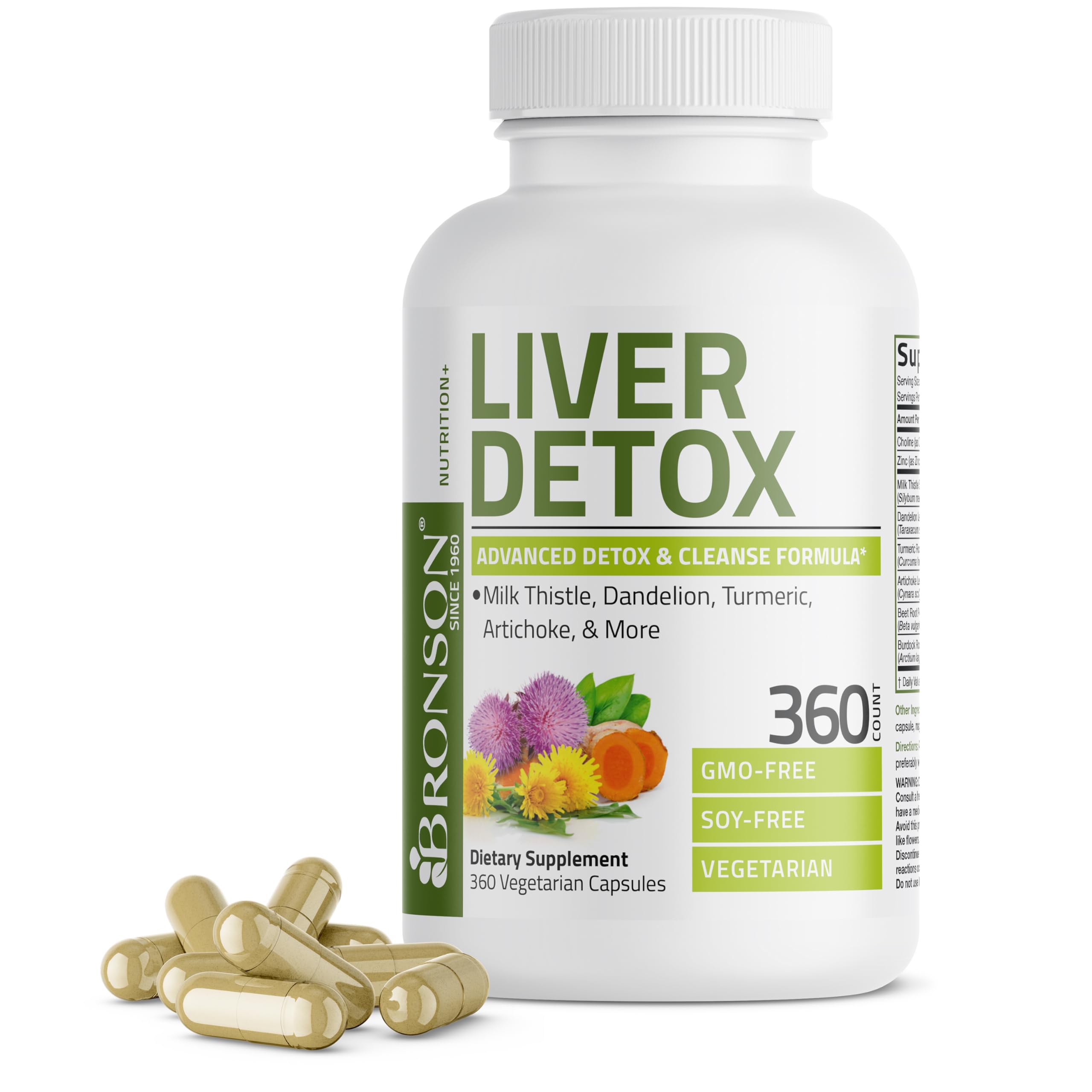 Bronson Liver Detox Advanced Detox & Cleansing Formula Supports Health Liver Function with Milk Thistle, Dandelion Extract, Turmeric, Artichoke Leaf & More, Non-GMO, 360 Vegetarian Capsules