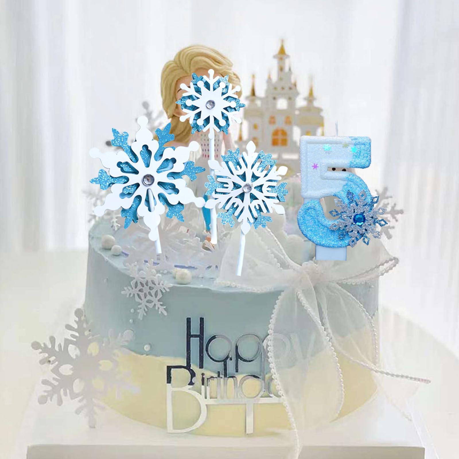 Candela Numero 5 Con Fiocchi Di Neve E Glitter – Per Compleanno A Tema Frozen – Decorazione Torta Per Ragazze