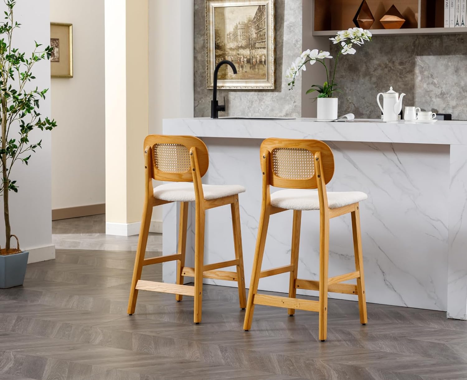 Shunzhi Rattan Counter Height Bar Stools Set of 2 Wood Farmhouse Barstools with Cane Back Boho Sherpa Kitchen Island Chairs Upholstered Bar Chairs for Pub/Home Bar, 26Inch, Cream