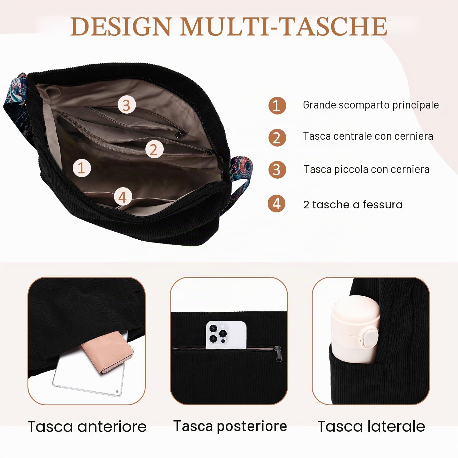Chase Chic Borsa a Tracolla Donna, Casual Borsette Spalla Donna Velluto a Coste Grande Hobo Shopper Bag per Università Viaggi
