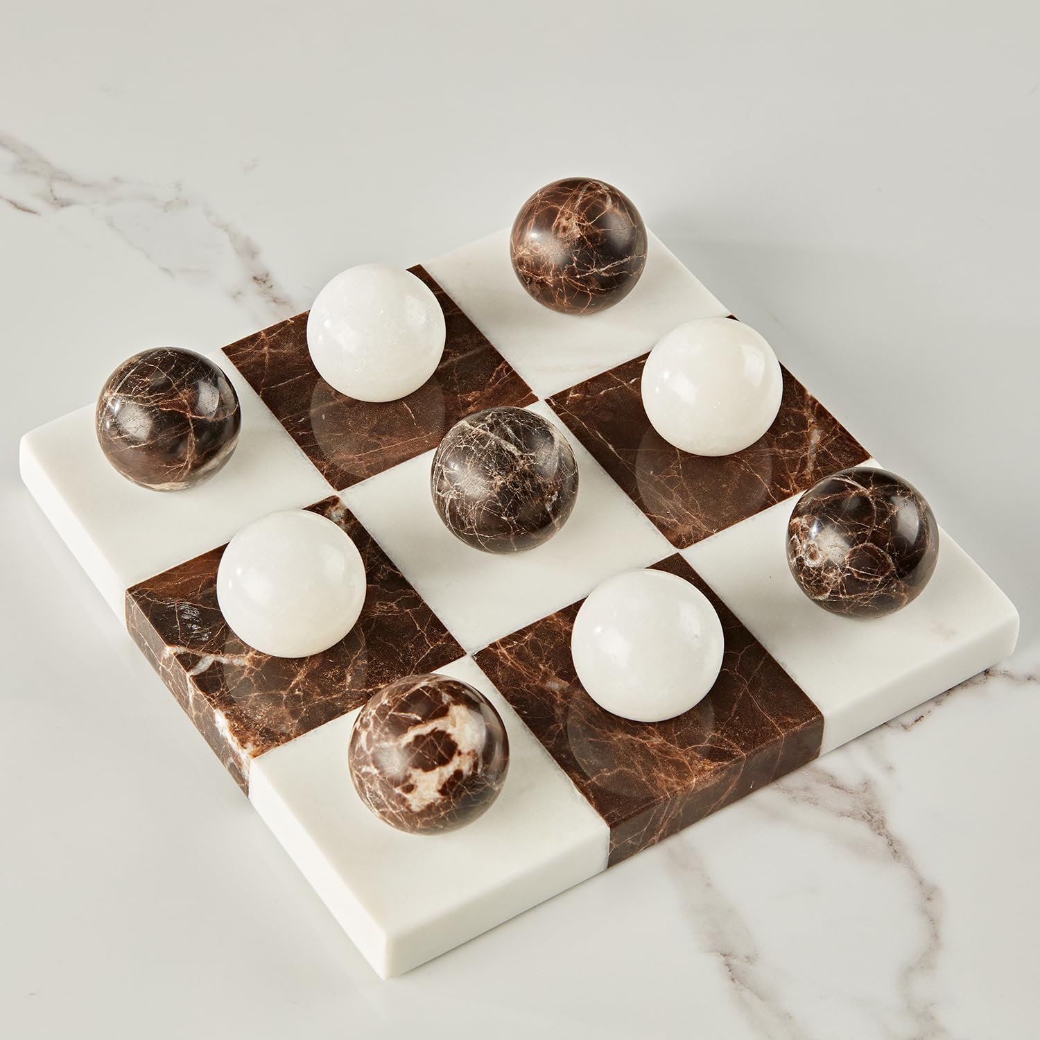 White Black Marble Tic Tac Toe & Checkerboard Game Set - 7x7 Inch Baswana Stone - Luxury Home Office Tabletop Decor, Premium Gift