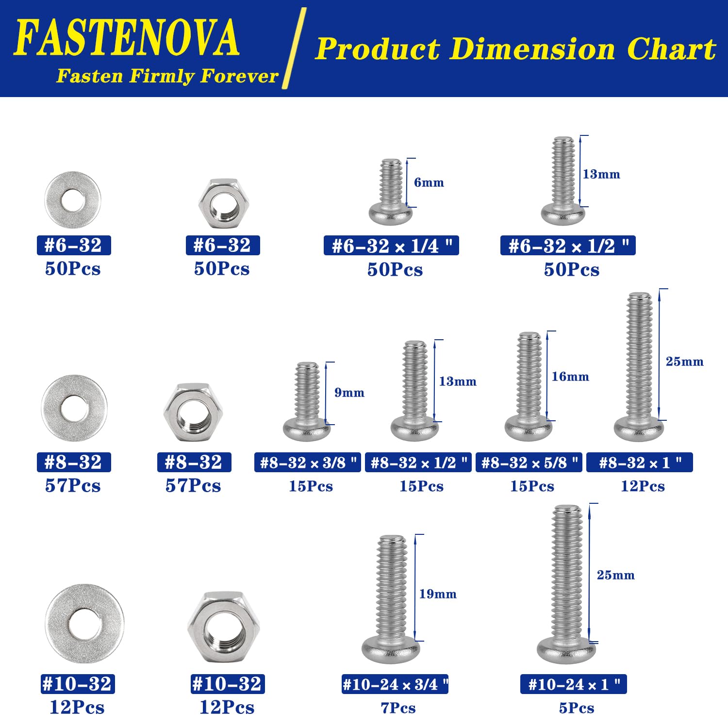 FASTENOVA 357pcs Machine Screws Assortment Kit, Phillips Pan Head, 304 Stainless Steel Screw Nut Washers Assortment Kit with Case#6-32#8-32#10-24