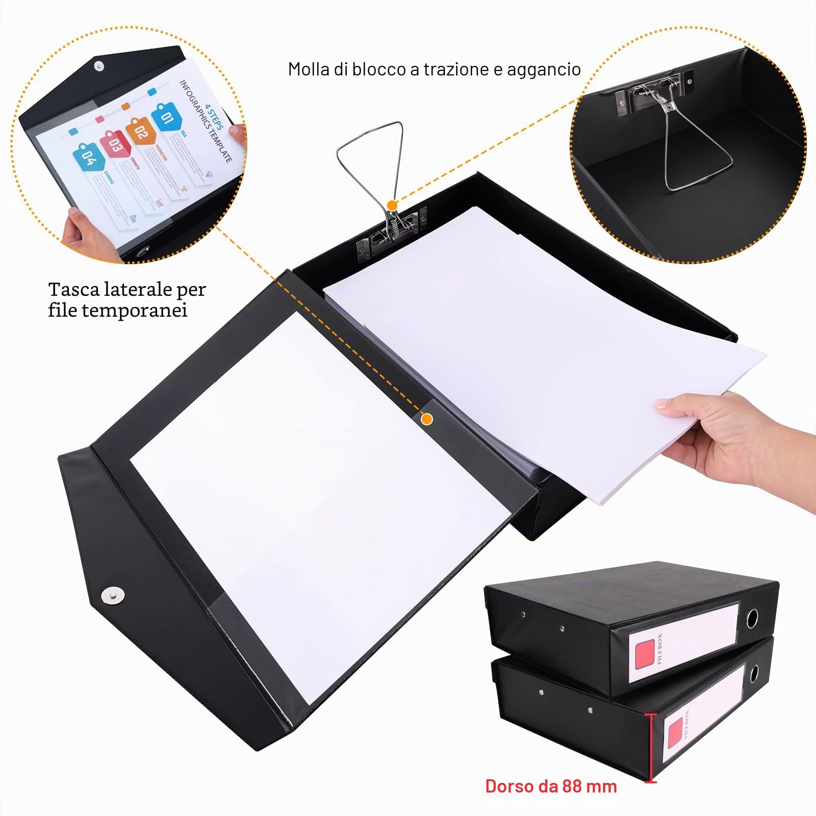 Confezione da 2 Nero Scatola Archivio A4, Dorso da 88mm, Foolscap Casella di File A4 con Molla di bloccaggio, Scatola per Documenti in plastica per ufficio, Scuole
