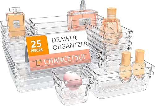Juego de 25 cubos organizadores de cajones de plástico transparente de 4 tamaños versátiles de tocador y cajones de escritorio bandejas