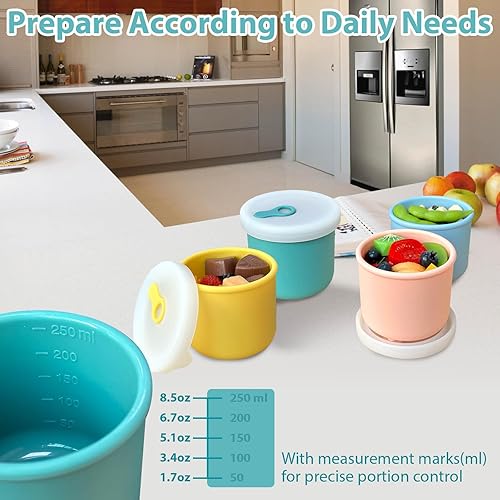 Miniatura 7 de Recipientes de silicona para almacenamiento de alimentos de 1 taza con tapas, paquete de 4 recipientes reutilizables de 8.5 onzas para refrigerios y