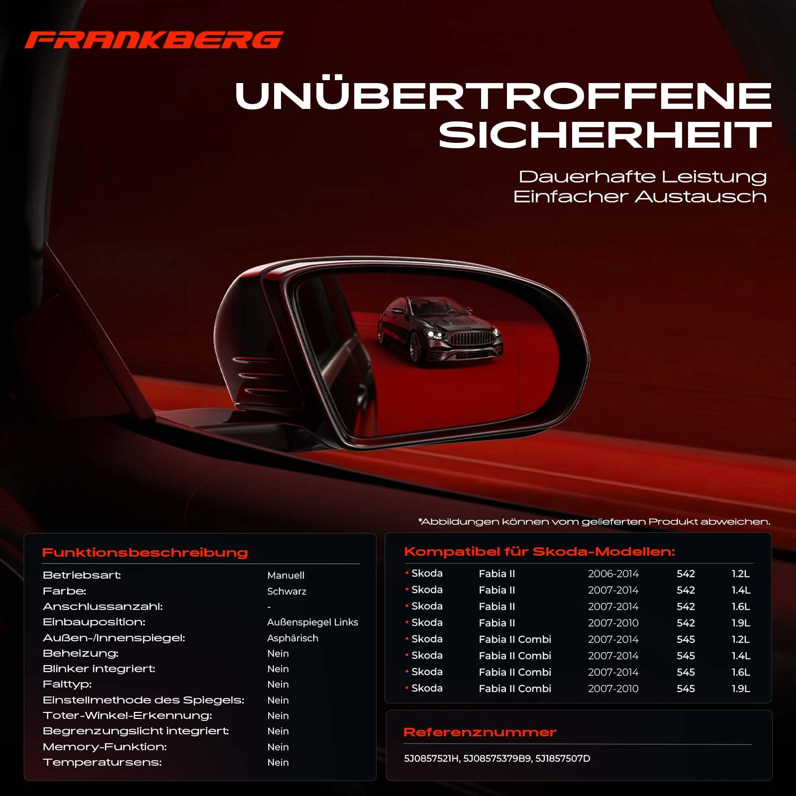 Frankberg Seilzug Manuell Aussenspiegel Außenspiegel Links Manuell Einklappbar Kompatibel mit Fabia II 542 2006-2014 Fabia II Combi 545 2007-2014 Replace# 5J0857521H