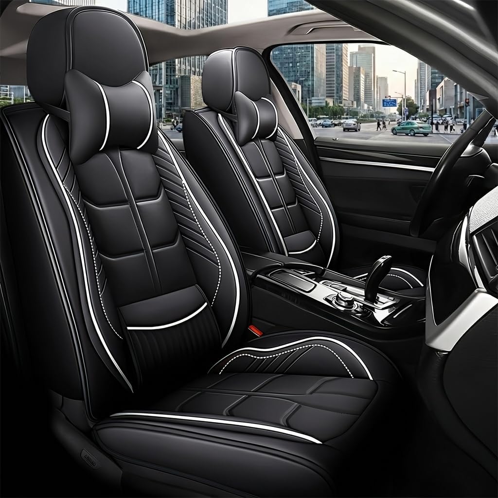 URINOVET for Chevy Traverse 2009-2023 Car Seat Cover, 5-Seater Front Rear Seat Cover, Waterproof and Wear Resistant Leather Seat Covers(Full Set with Pillow Black White)