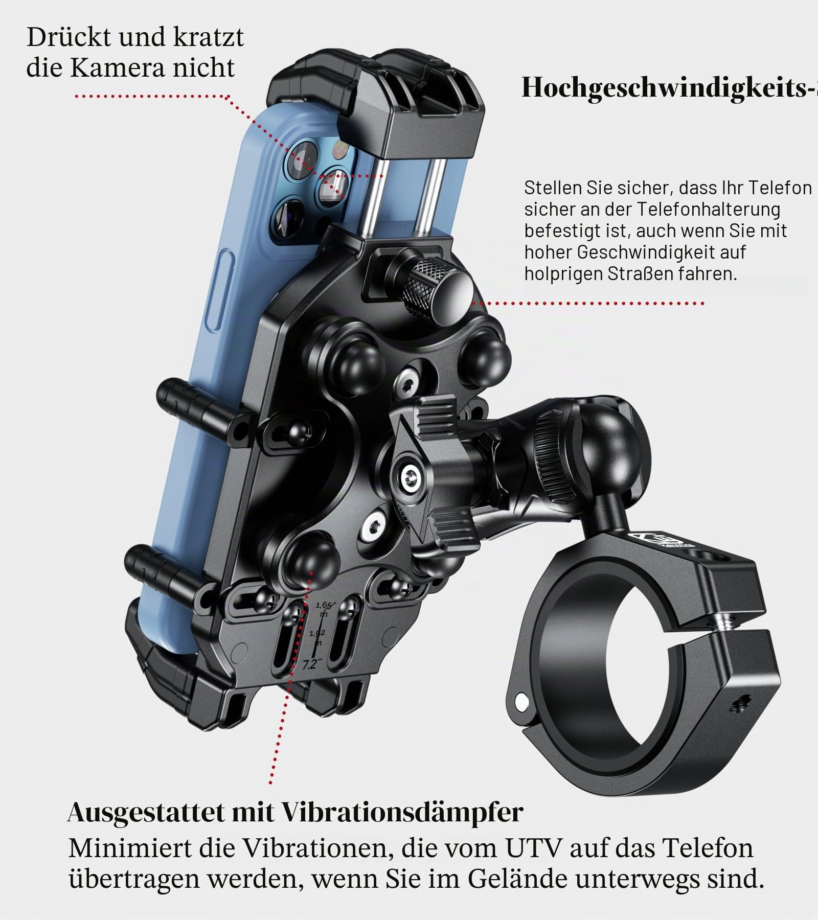 BRCOVAN UTV Handyhalterung mit Vibrationsdämpfer | Diebstahlsichere UTV Handyhalter, Verstellbar, für 1,5''/1,65''/1,75''/1,85''/2'' Überrollkäfigstange, für 5,4-7,2'' Telefone