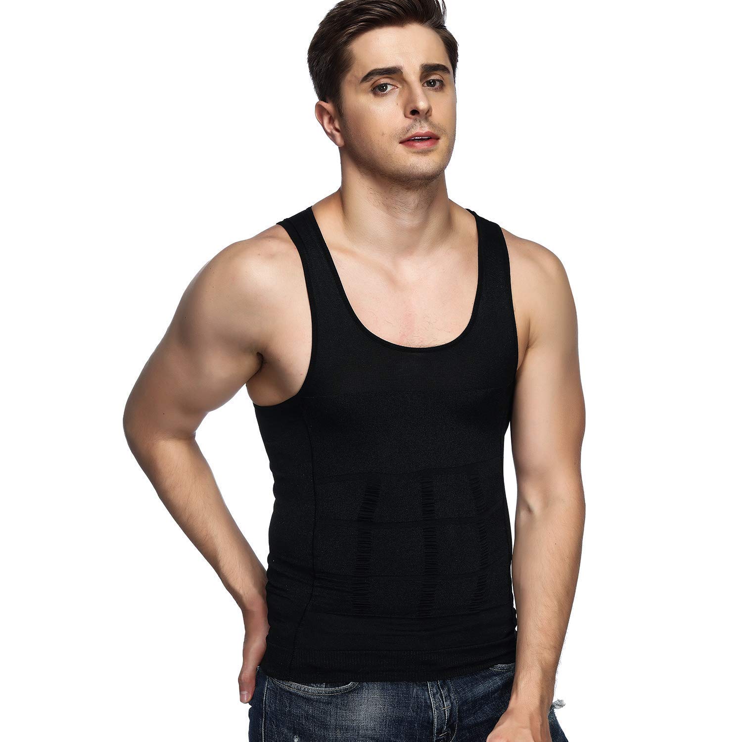Odoland Paquete de 3 camisetas moldeadoras de cuerpo para hombre, capa base, color negro, blanco y blanco, talla XXL, Blanco