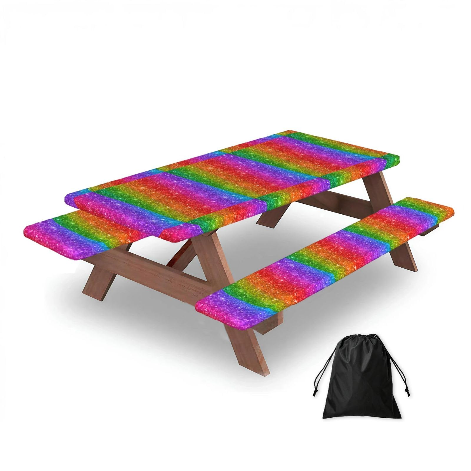 Dopklna As Picture Shiny Sparkles Rainbow Colors Glitter, Picnic Table Cover With Bench Covers -Waterproof Elastic Fitted Tablecloth For Garden Camping Patio 76X152cm