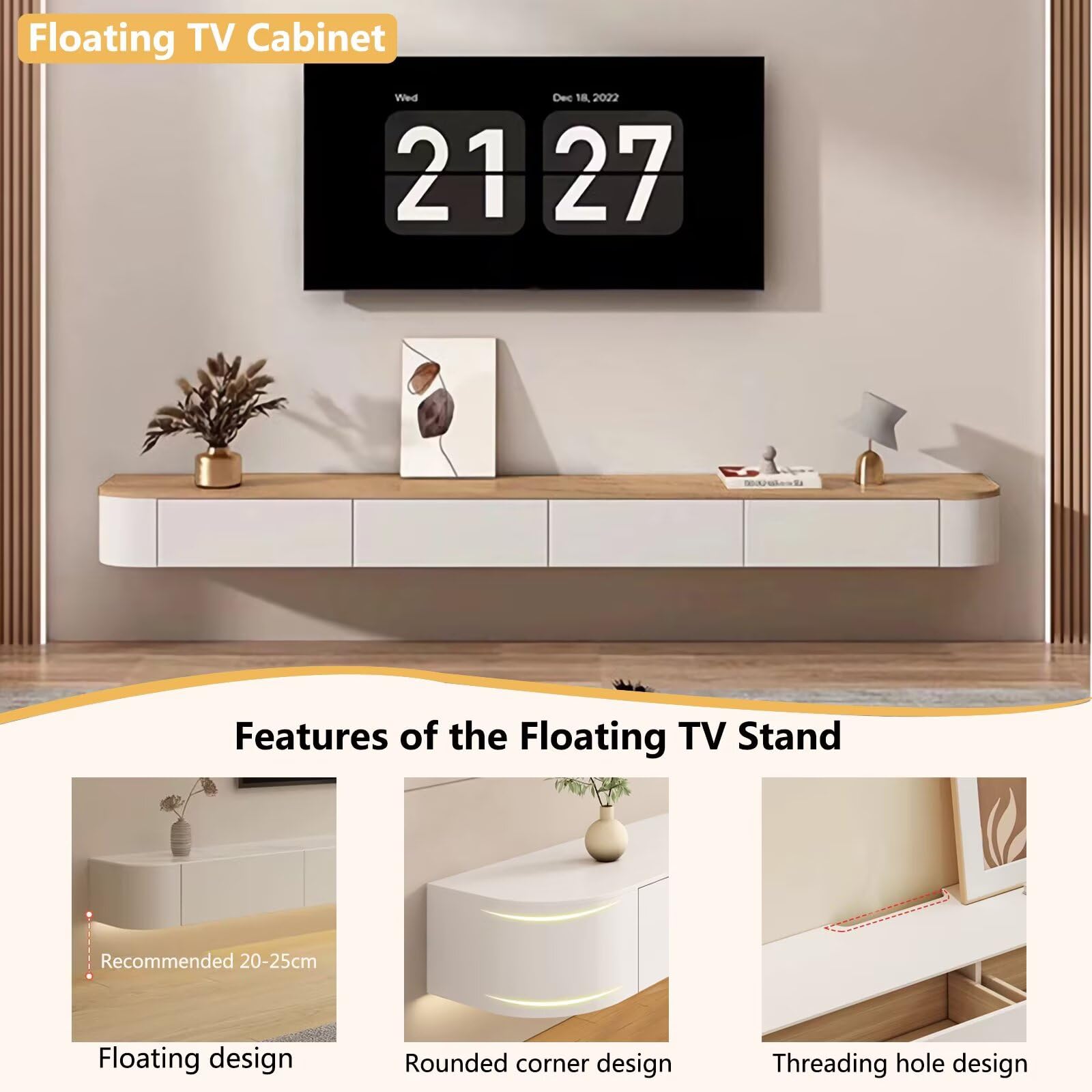 Mobile TV Sospeso da Parete Moderno in Legno con Cassetti e Ripiani, Mobile Porta TV Flottante per Soggiorno e Camera da Letto(Legno+bianco,140cm/55in)