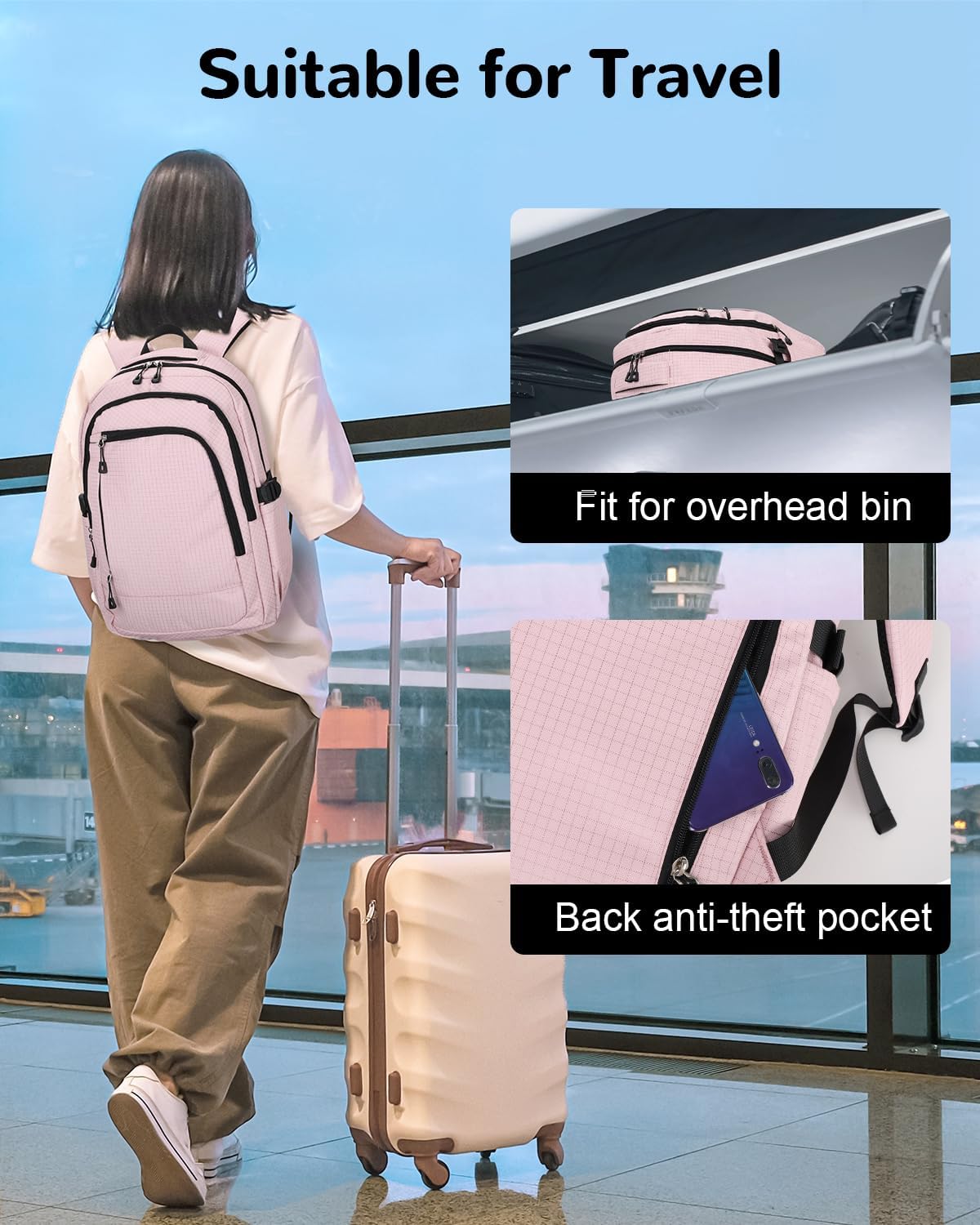 15.6" Laptop Backpack for Women, 20L Small Stylish Travel Backpack with Anti-theft Pocket, Pink