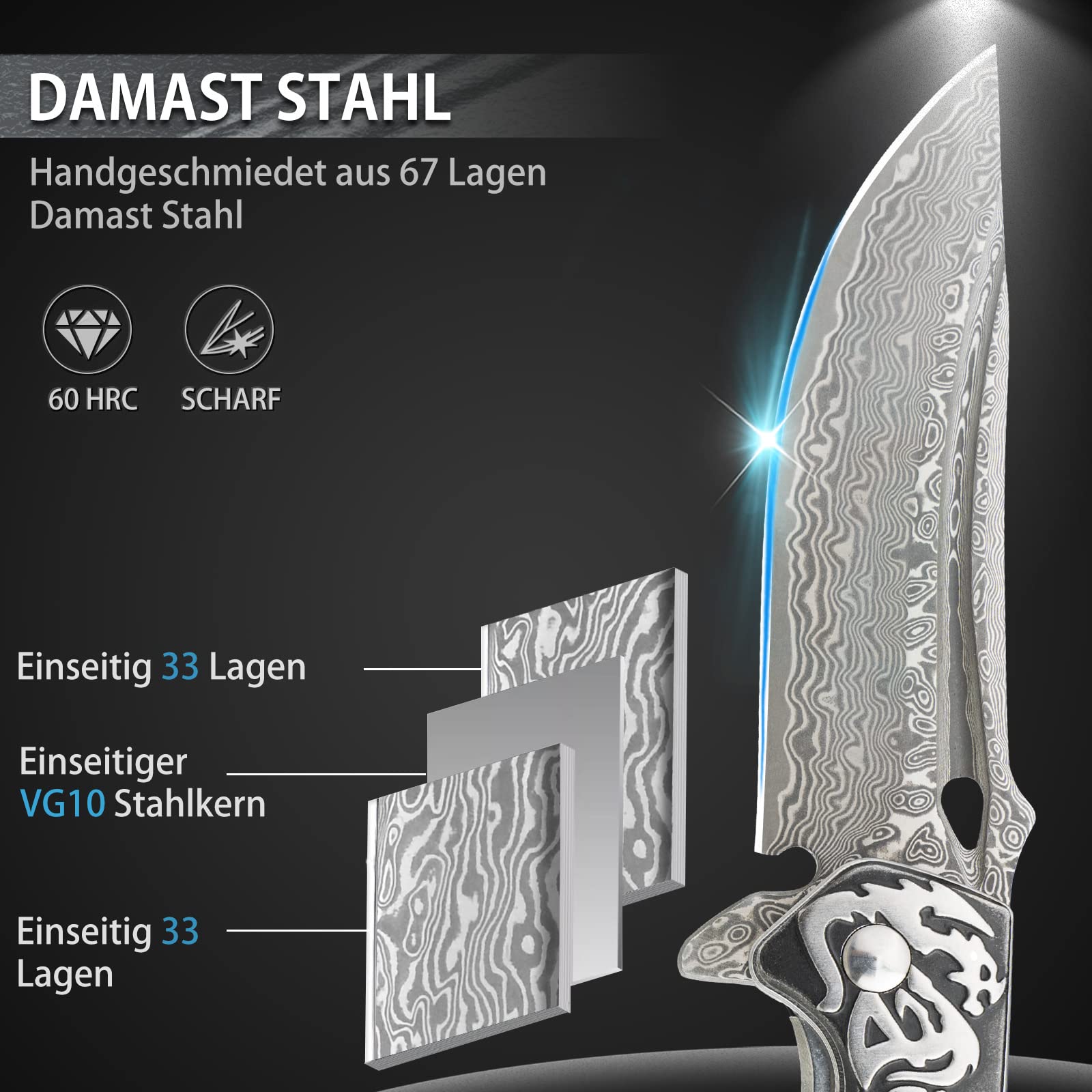 LOTHAR RHAEGAL Damast Klappmesser, Taschenmesser aus 67 Lagen VG10 Damaststahl, Damast Einhandmesser mit Holzgriff, für Sammlung oder Geschenk (Ebenholz)