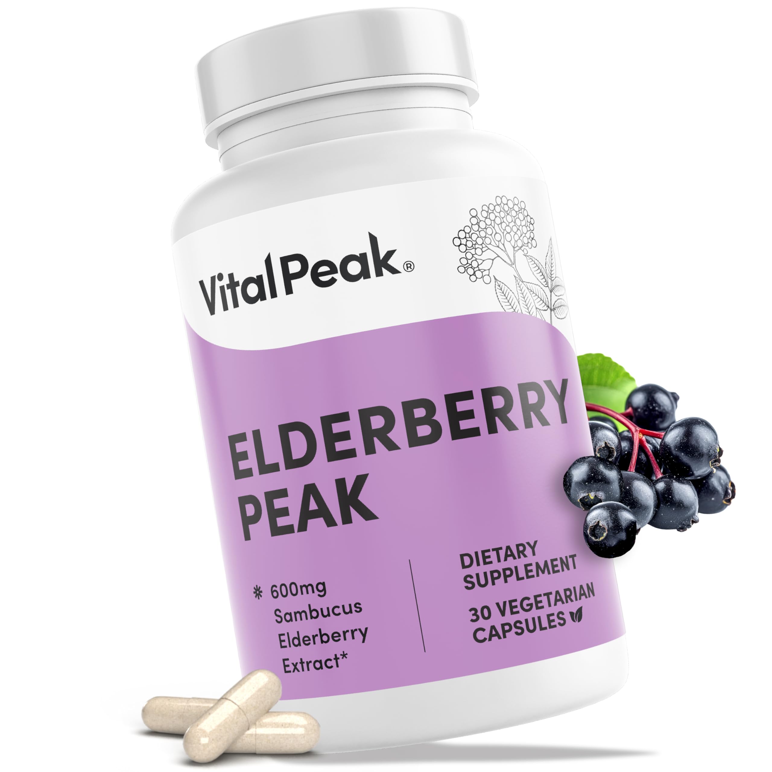 Vital Peak® Elderberry Peak 600 mg - Supports Immune System &amp; Antioxidant Protection - Black Elderberry Capsules - Sambucus Nigra Extract Supplement - Vegan, Gluten Free, Non-GMO - 30 Capsules