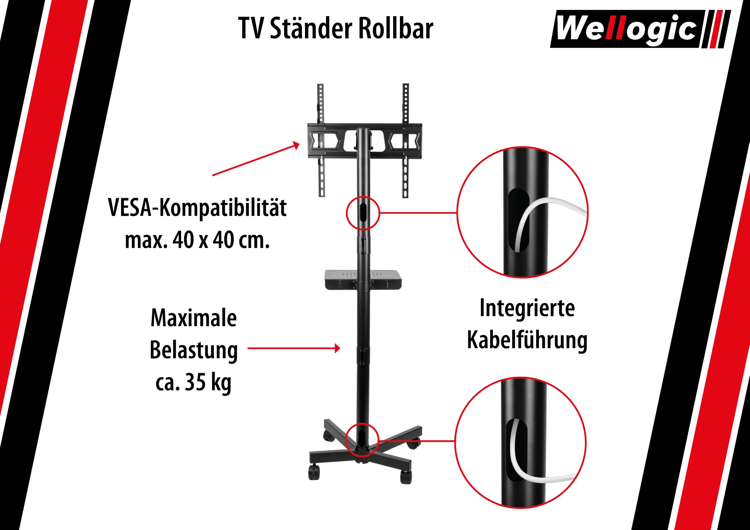 Supporto TV arrotolabile per TV da 26-60 pollici fino a 35 kg, supporto TV regolabile in altezza con ruote, supporto multimediale, inclinabile, universale, VESA 400 x 400 mm, nero