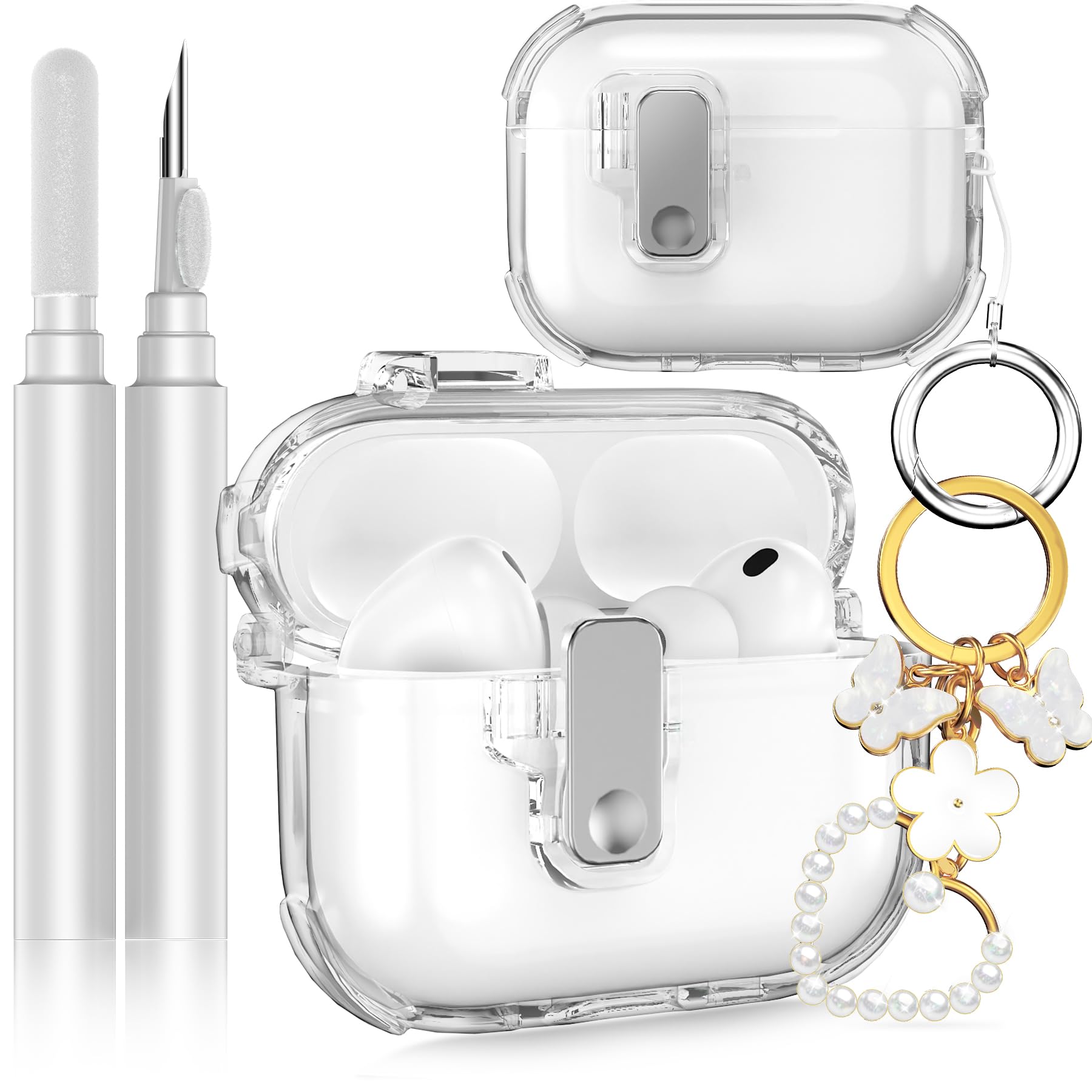 Fotbor for AirPods Pro 3 2025 Case with Secure Lock, Soft Clear TPU Cover with Earbuds Cleaner &amp; Cute Girly Keychain, Anti-Scratch [Airbag] Military Grade Drop Protection - White