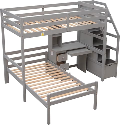 Miniatura 222 de Cama alta funcional tamaño individual con 2 cajones y 2 armarios, base de cama de madera maciza con barandilla de seguridad y escalera de