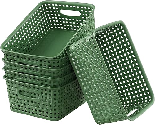 Miniatura 2 de Sadstory - Cesta de almacenamiento tejida de plástico verde oscuro, cesta de plástico para estantes, 6 paquetes