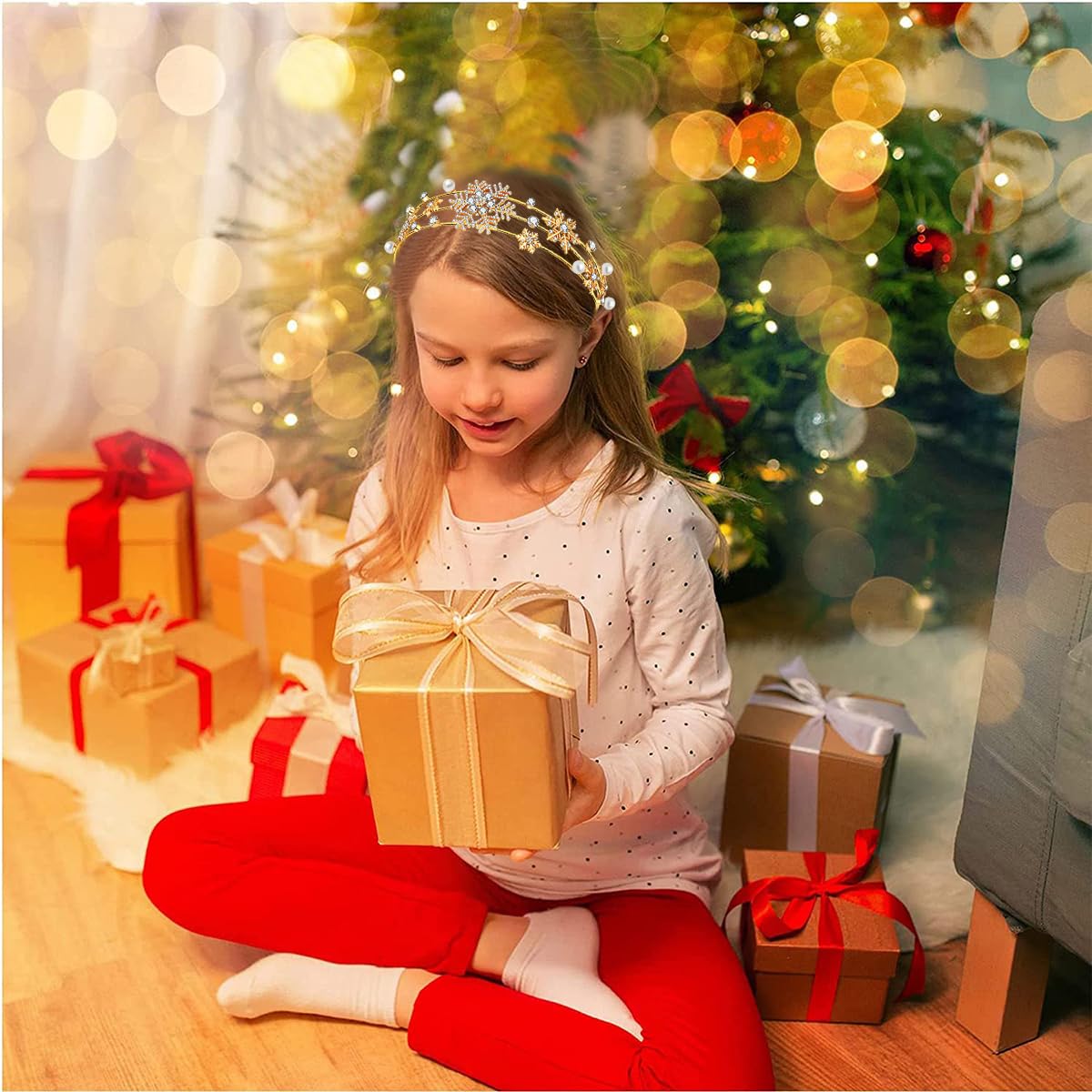 HEIDKRUEGER Haarreif für Damen, Weihnachts- und Neujahrs-Stirnband für Damen, festlicher Urlaubsparade, Haarreif (Schneeflocke/Gold)