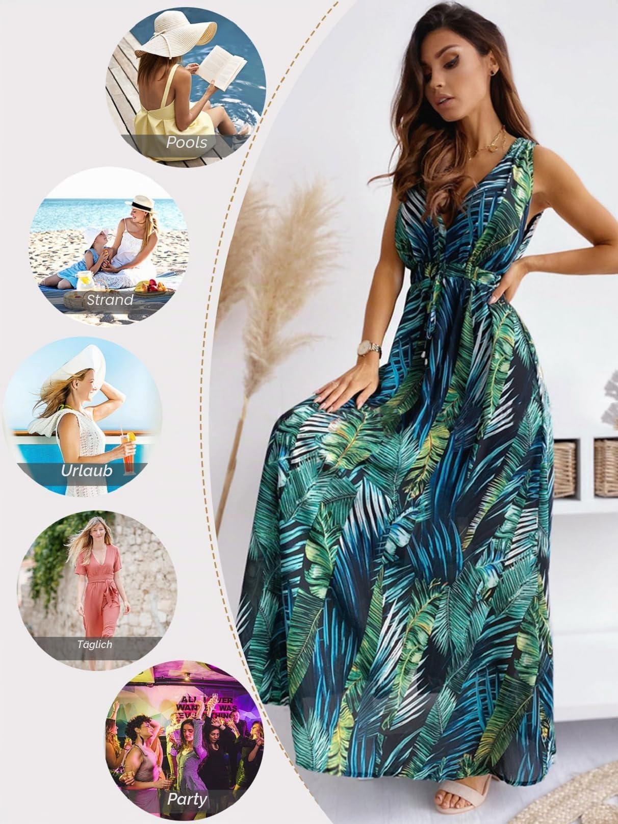 CheChury Damen Sommerkleid Lang Maxikleid Sommer V Ausschnitt Kleid Floral Maxikleider Elegant Freizeitkleider Ärmellos Strandkleid Lang Kleider Partykleid Freizeitkleider Boho Beach Maxi Dress