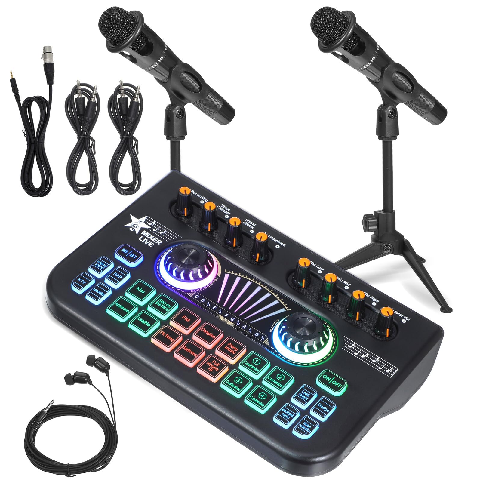 Soundkarte für Live Streaming E300 mit Mikrofon, Dj Satz Schwarz | 1 Satz, Metall und Kunststoff, für Anfänger und Djs, Robustes Mehrzweck Design