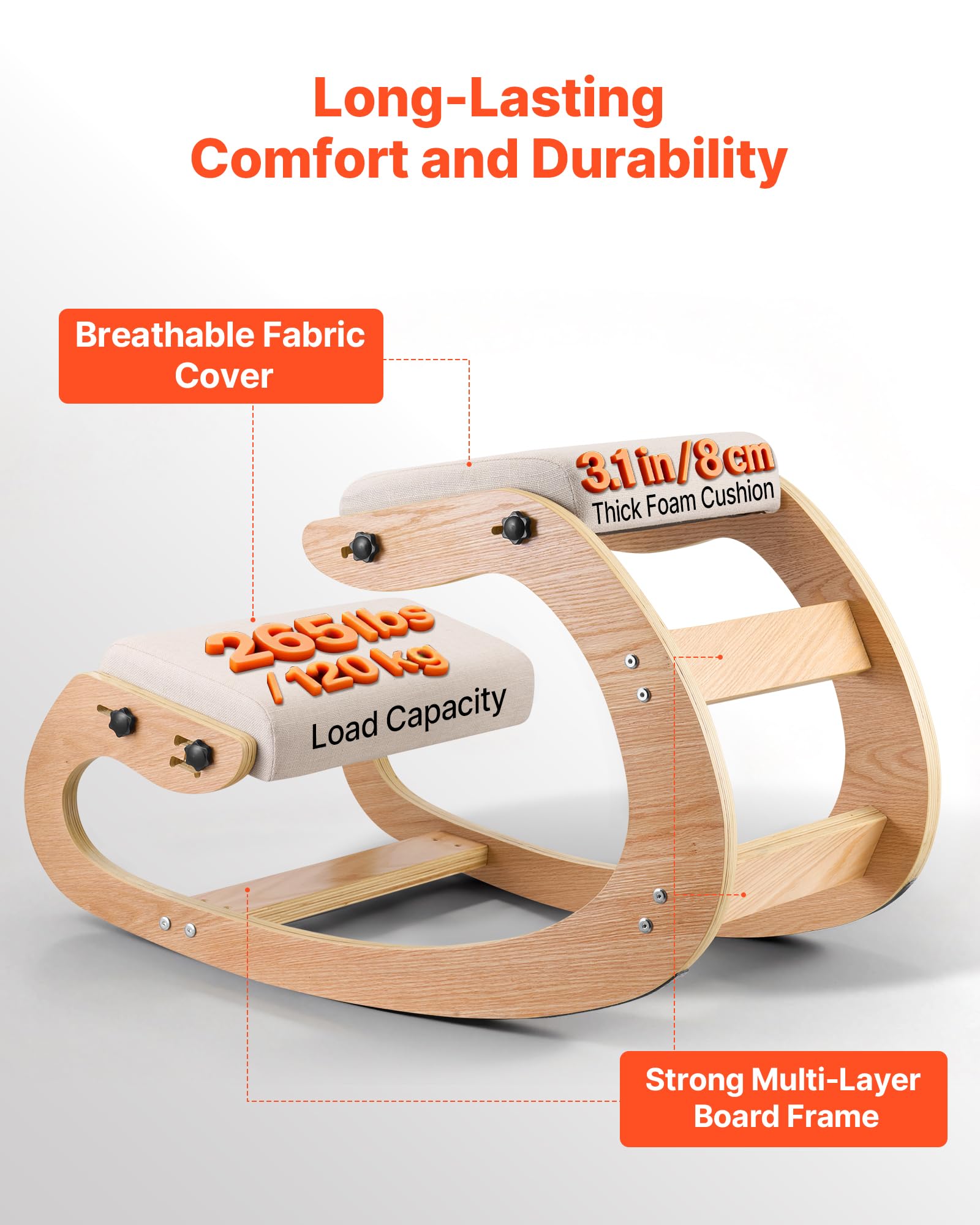 VEVOR Silla Ergonómica de Rodillas con Estructura de Madera, Cojines de Espuma Gruesa Ajustables Beiges, Taburete para Rodillas Carga de 120 kg, Relajación de Cuello y Espalda para Hogar, Oficina