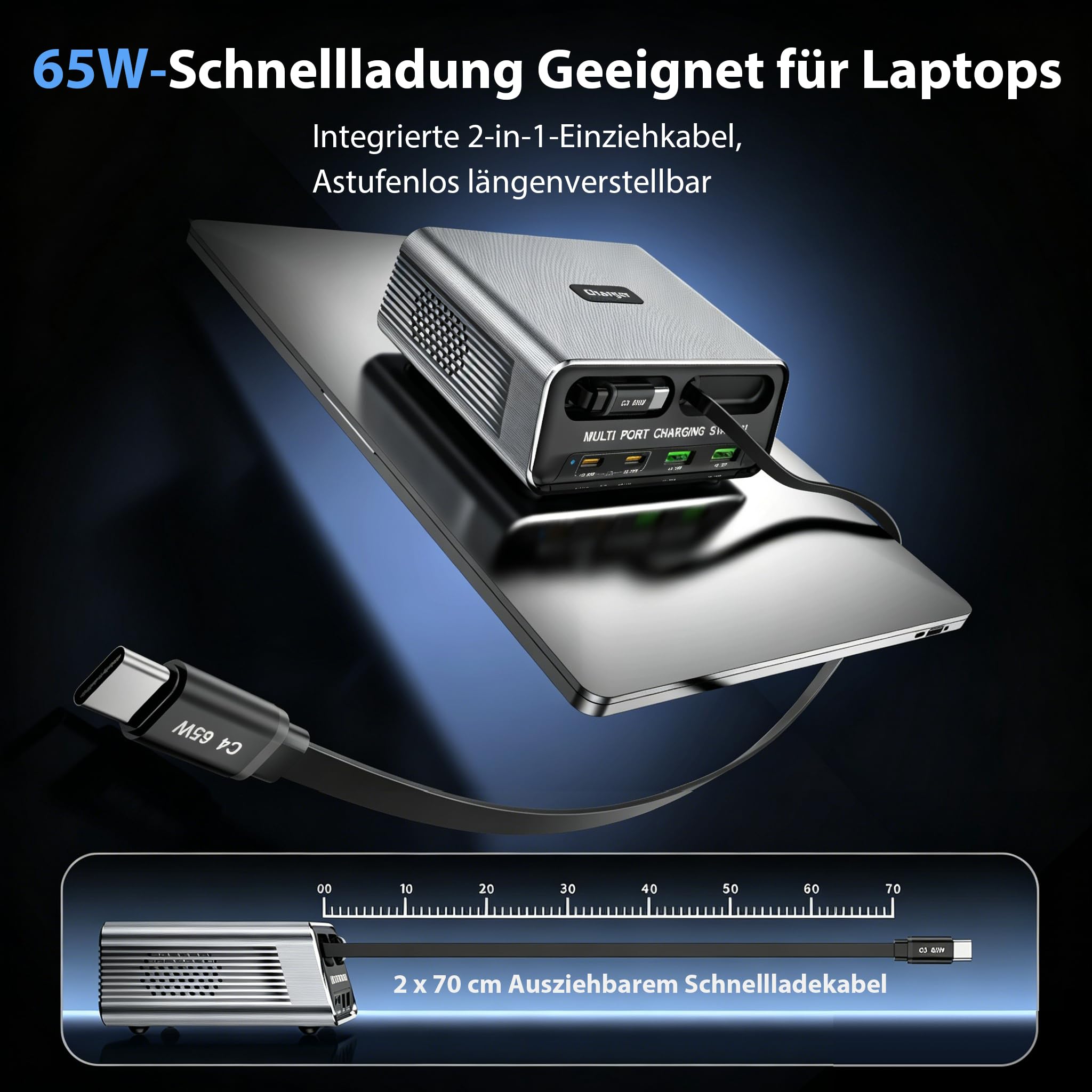 6 in 1 GaN Ladestation Mehrere Geräte, 65W USB C Schnellladegerät mit 2 Einziehbaren Kabeln, Klein Ladestation Kompatibel für MacBook/iPad/Phone 17/16/Samsung/, Silent Design mit rutschfest