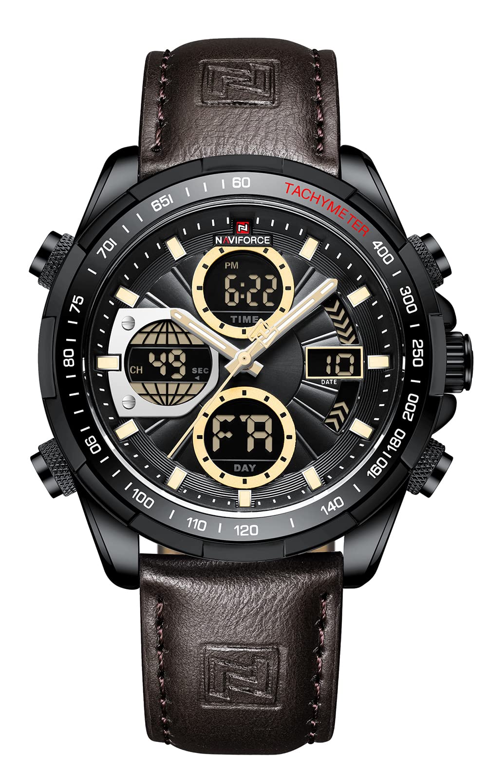 NAVIFORCE Digital Watch Men Luxury Leather Analog Quartz Waterproof Watches Fashion Business Chronograph Military Multifunctional Wristwatch (Black) (Black)
