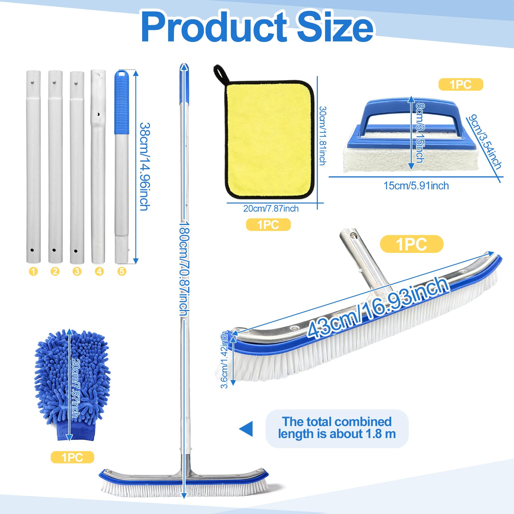 TZEKING 43cm Spazzola per Piscina con Manico, Scopa per Piscina1.8 M Asta Regolabile,con Asta in Alluminio Regolabile e Retro in Alluminio Rinforzato