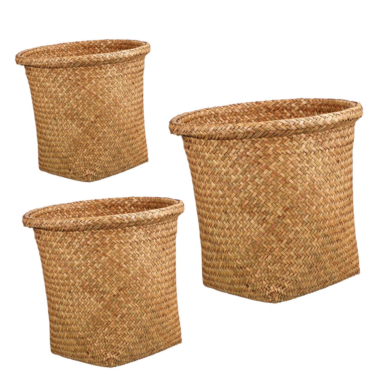 OUNONA 3pcs Woven Trash Baskets Natural Rattan Waste Bins for Home Organization Small Medium Large Eco-Friendly Stylish Storage for Bedrooms Offices and More