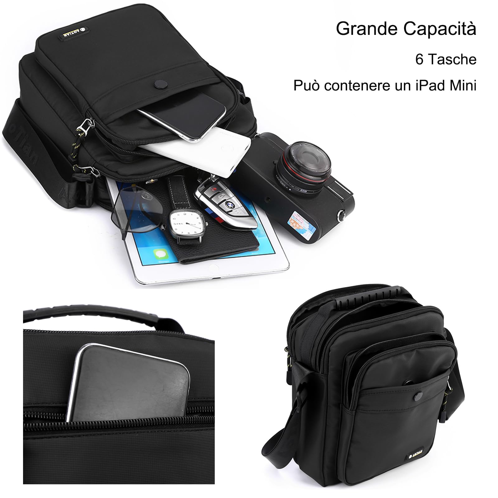 Borsa a tracolla da uomo piccola borsa a tracolla in nylon da lavoro impermeabile leggera casual nera borsa da messaggero per lavoro viaggi all'aperto