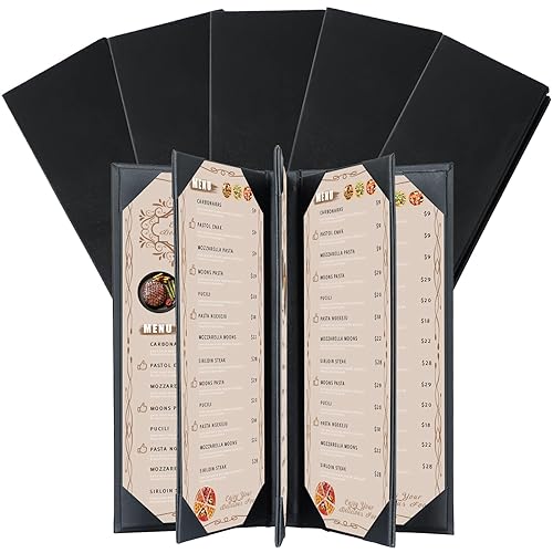 Miniatura 19 de Fundas para menú de restaurante de 4.25 x 11 pulgadas, paquete de 5 paneles de cuero sintético con triple pliegue, 4 esquinas anguladas, color negro