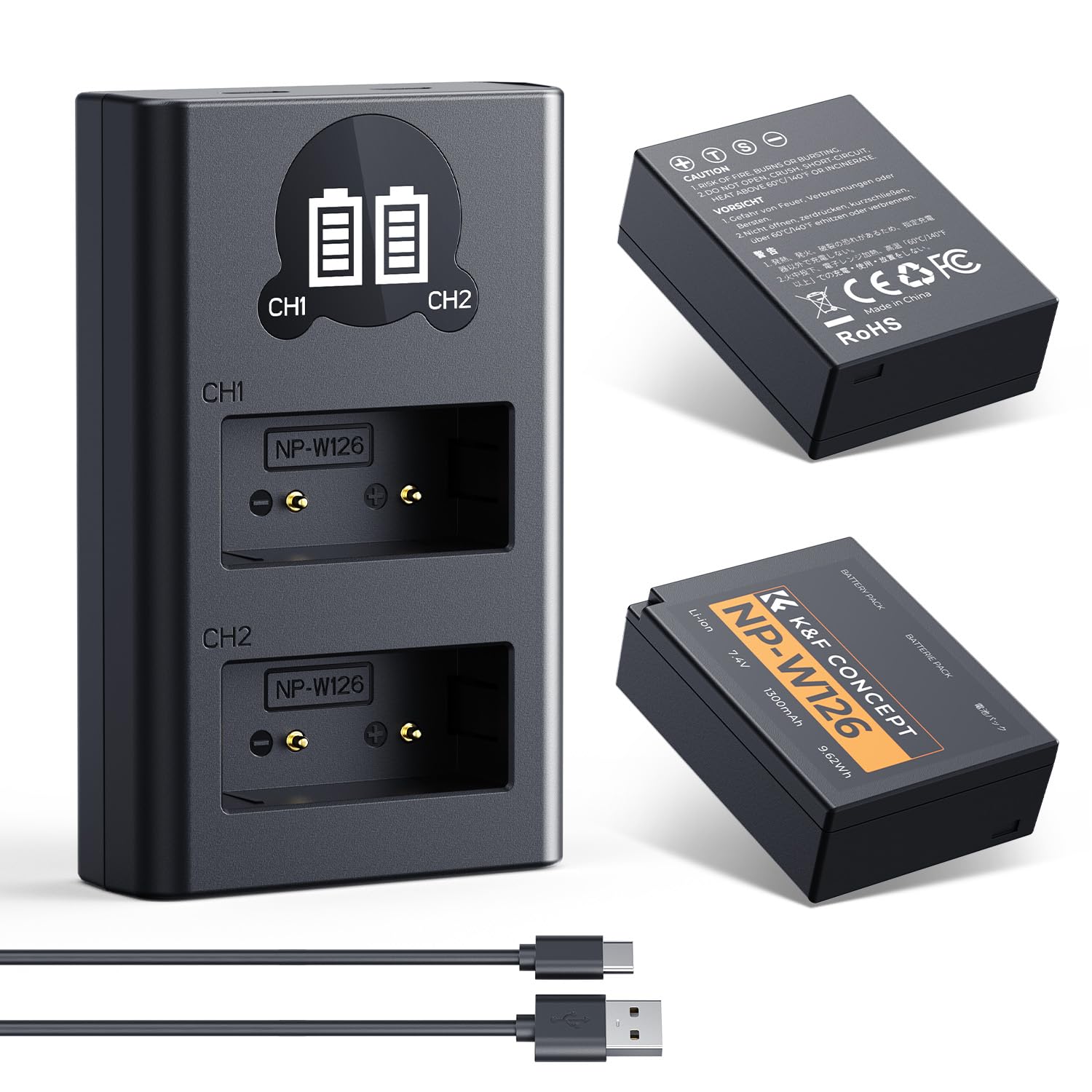 K&F CONCEPT NP-W126 NP-W126S Batería 2x1300mAh Compatibile con Fujifilm XM5/X100VI/X100V/XS10/XT30/XT30 II/XT20/XE4/A5, Cargador Rápido de Doble Ranura con Entradas Type-C y Micro-USB