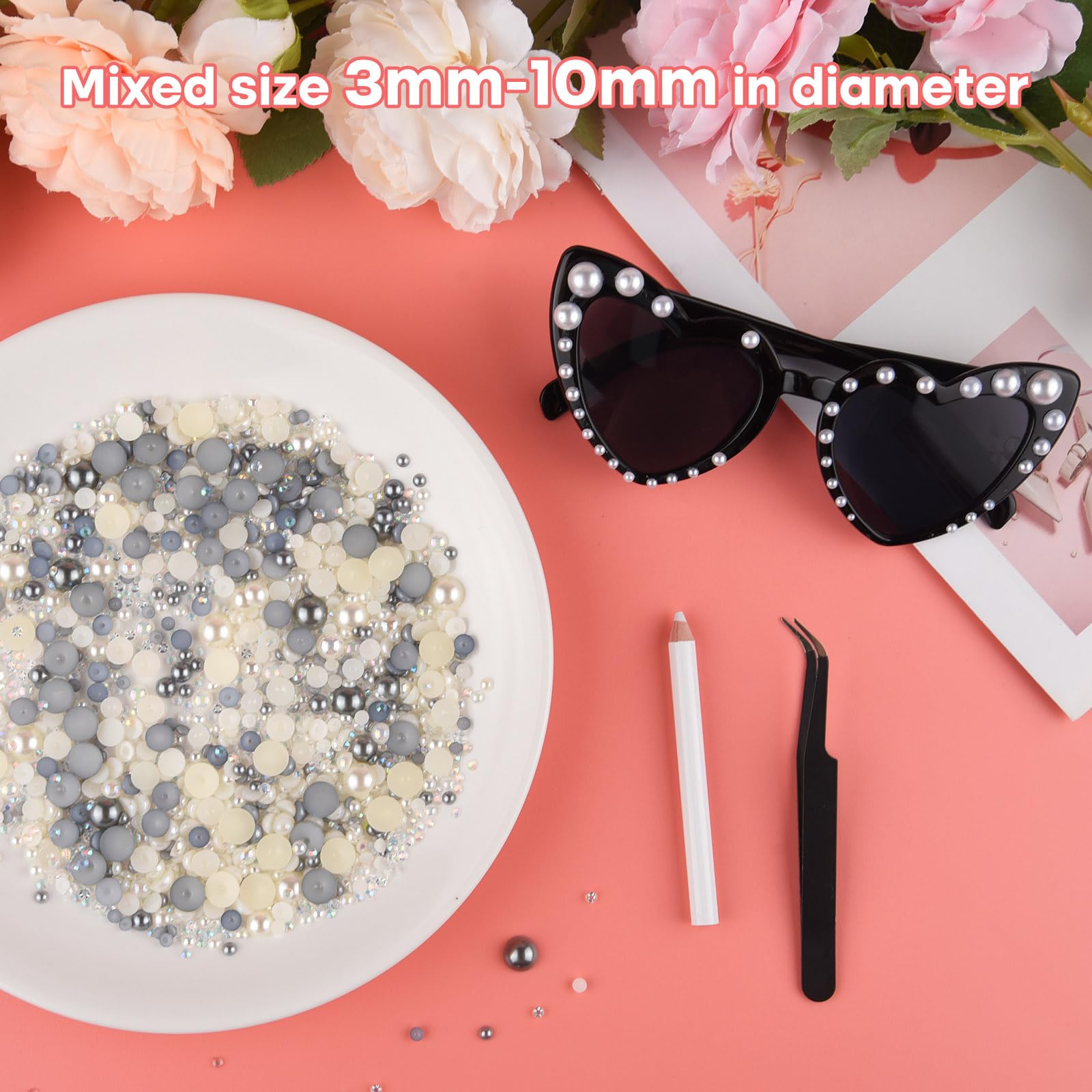 ASTARON 50g Mix Flatback Rhinestones Half Pearls for Crafts Mixed Size 3mm-10mm Flat Back Rhinestones for Crafts Flatback Pearls for Decorating Tumblers Mugs Nail Art Shoes (Silver Gray,White) - Image 3