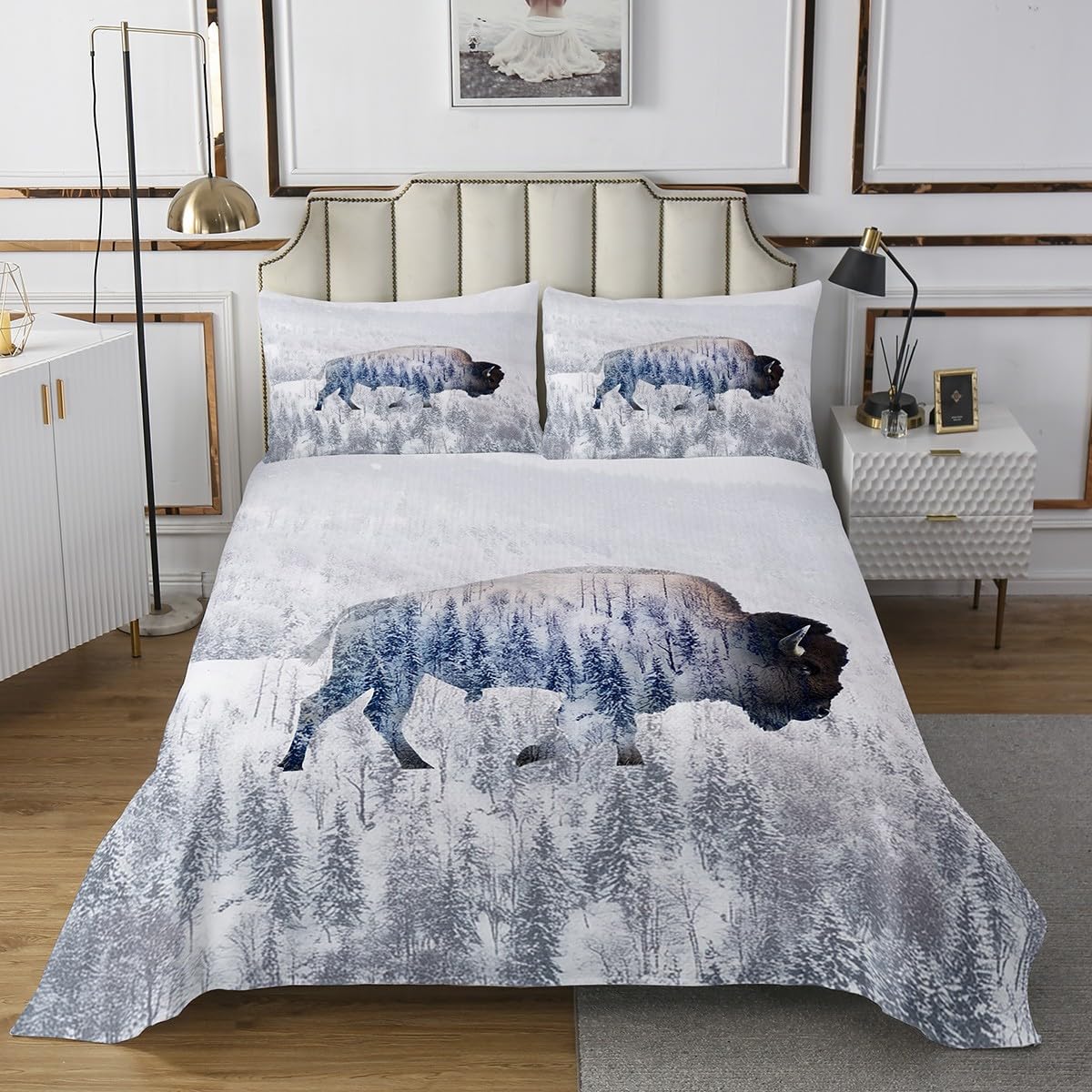 Feelyou Cute Buffalo Coverlet Set Queen Size Kids Wild American Bison Bedspread 3D Wild Animal Wildlife Snowfield Forest Winter Quilted Coverlet for Room Decor White Quilted