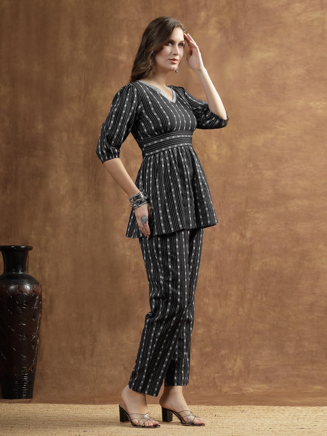Stylum Women's Woven Design Cotton Co-Ord Set (Csramyablack36_Black, S)