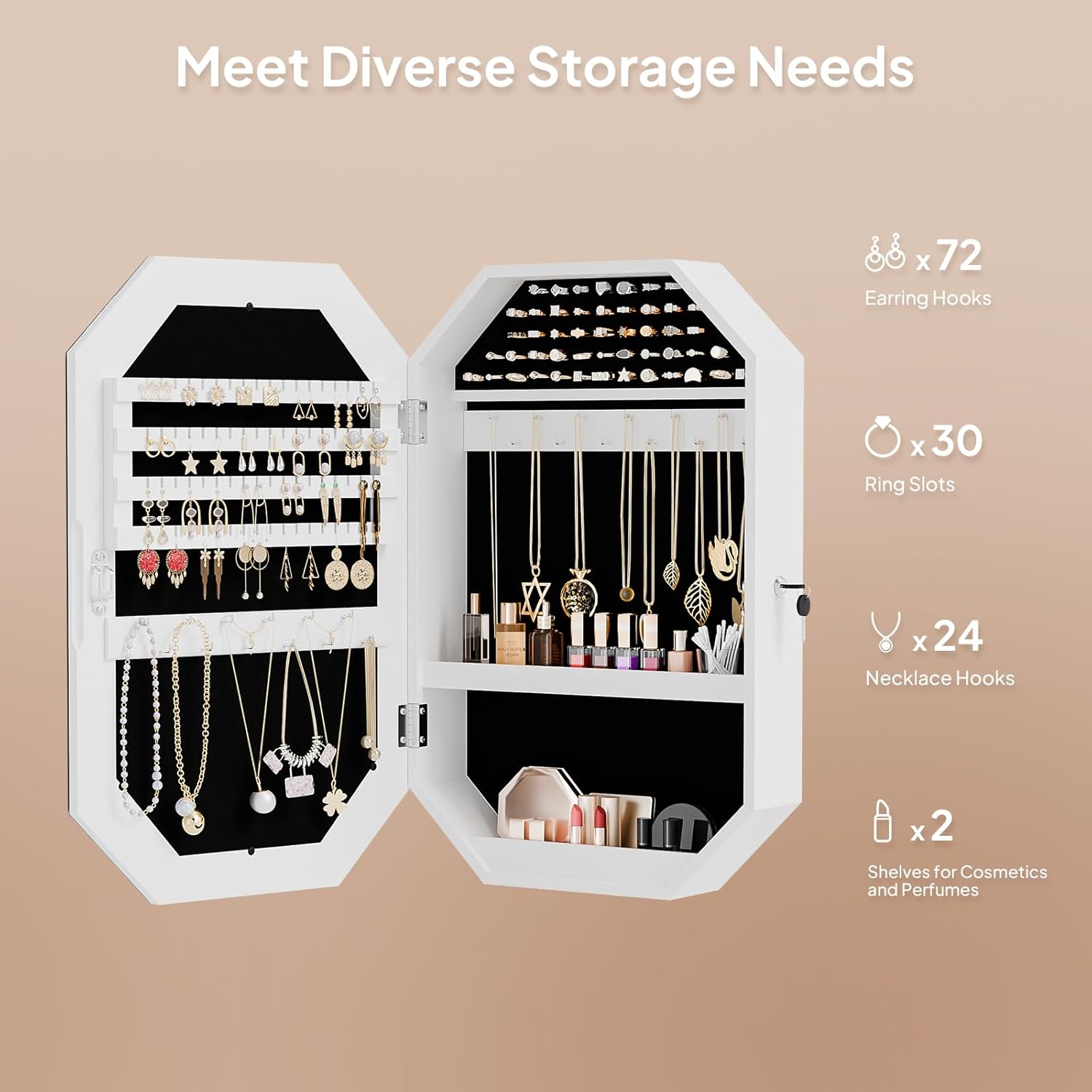 Bonnlo Modern Diamond-Shaped Jewelry Armoire, Lockable Octagonal Jewelry Cabinet Organizer with Mirror, Wall Mounted for Space Saving