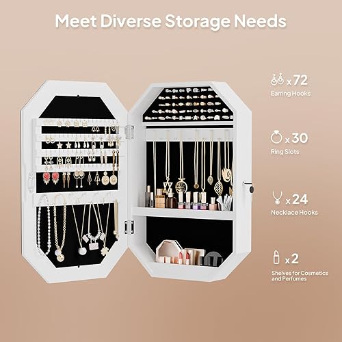 Miniatura 3 de Bonnlo Armario de joyería moderno en forma de diamante, organizador octogonal con cerradura con espejo, montado en la pared para ahorrar espacio