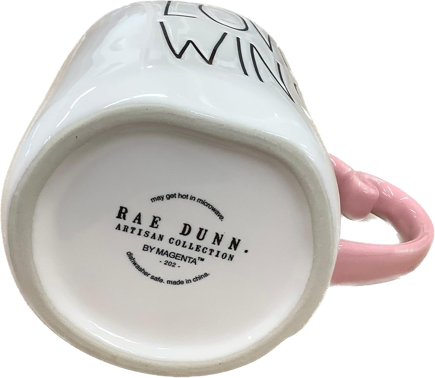Rae Dunn Valentine's Day Coffee Mug, Love Wins, White with Heart-Shaped Handle and Pink Interior