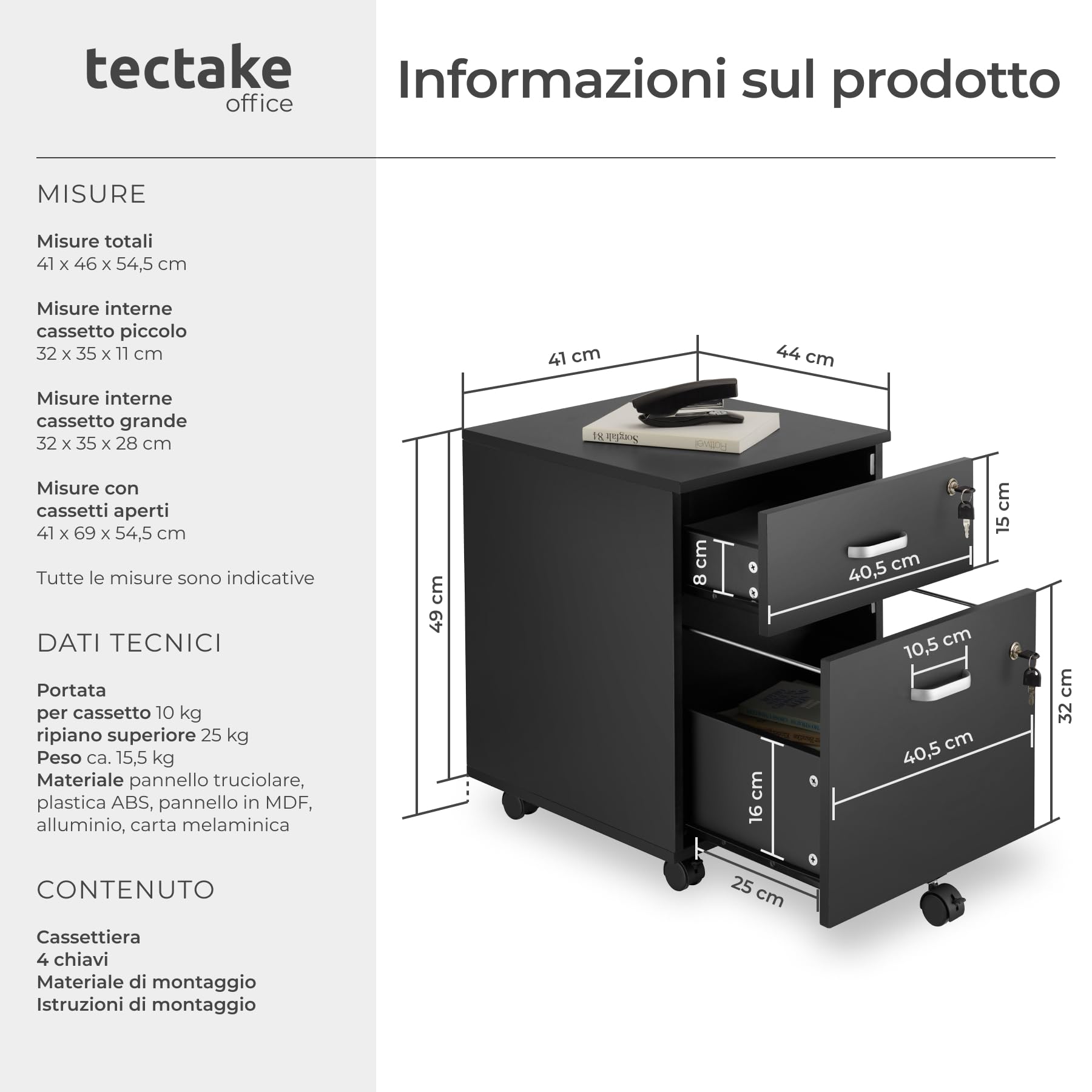 tectake® Cassettiera su Ruote, 2 Cassetti con Serratura per Documenti DIN-A4, Guide Telescopiche Scorrevoli, 5 Ruote Doppie Girevoli e Bloccabili, Maniglie in Metallo, Ufficio Accessori - Nero