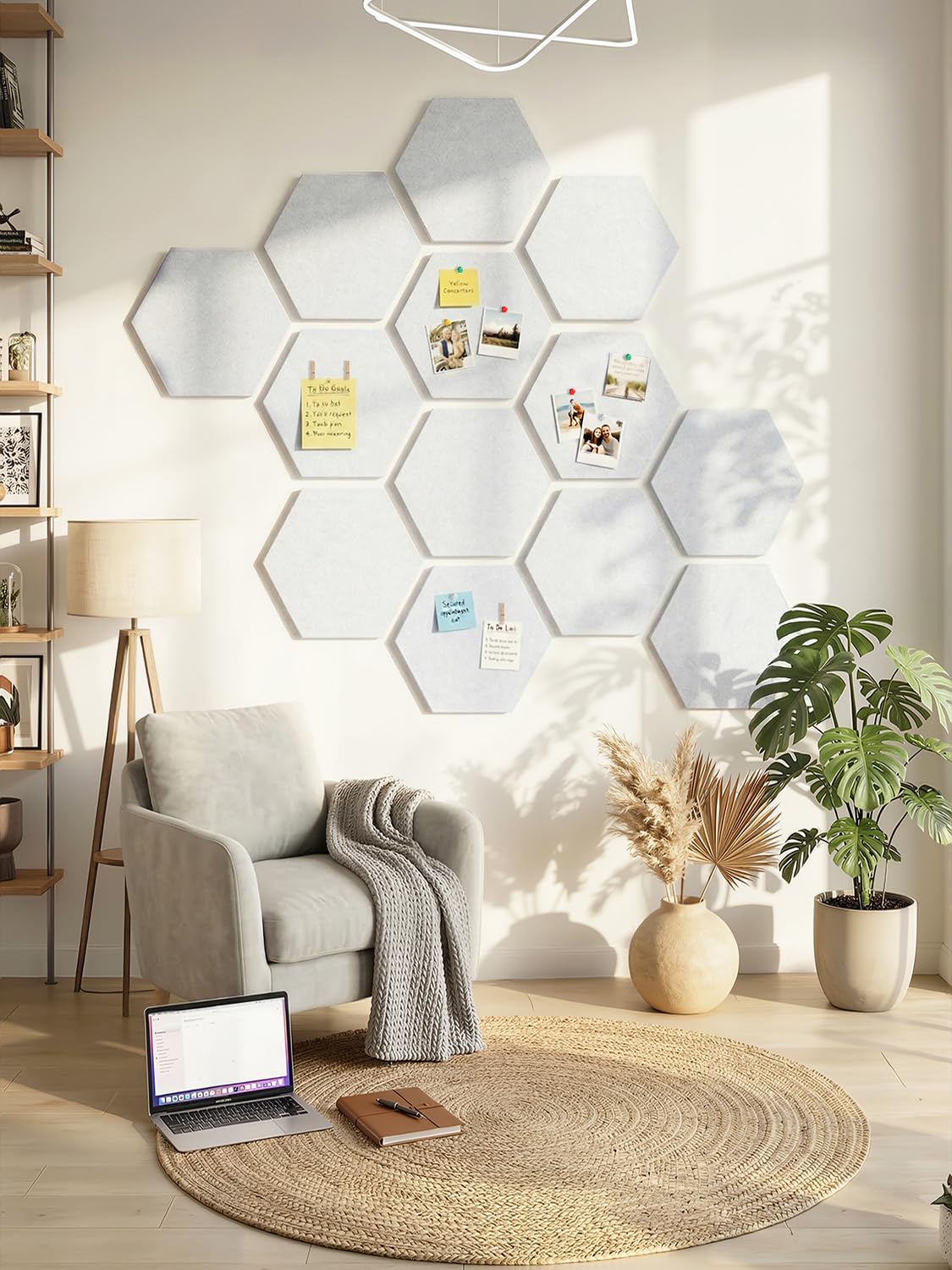 Grand Tableau Hexagonal en Liège 30x26 cm, 8 Pièces Tableau d'Affichage en Feutre avec 30 Punaise, Panneau Liege Mural pour Bureau, Maison