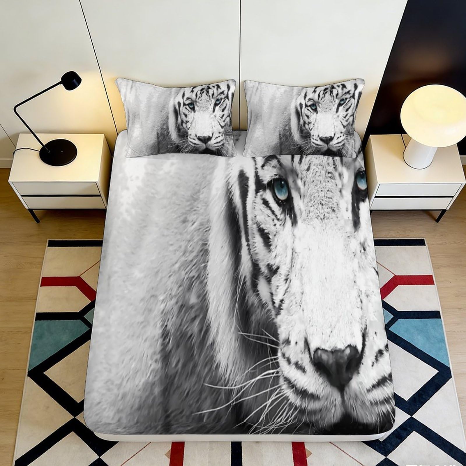 Jqzkxnhpbr Style-2 3D Printed White Tiger Fitted Sheet Microfiber Soft Breathable Snow Leopard Mattress Cover For Bedroom Dorm Decor 90X200x25cm