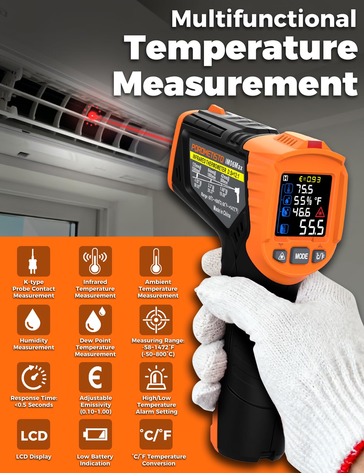 Termometro Infrarossi POROMETISTO 4 in 1, -50°C～800°C, Rilevamento Umidità, K-Sonda, Laser IR Pirometro Digitale
