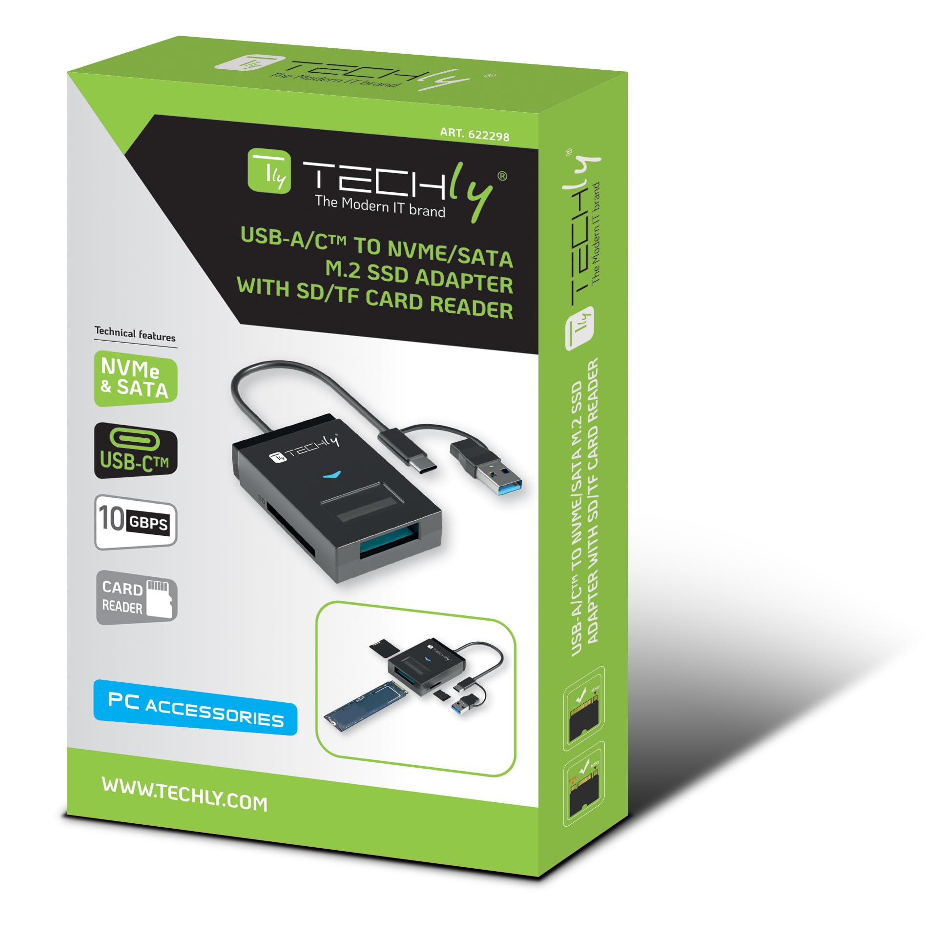 Techly 622298 Adaptador USB-A/USB-C a NVME/SATA M.2 con lector de memoria SD/TF negro