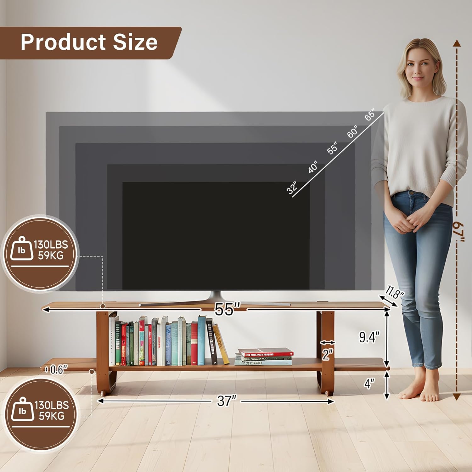 Tiita TV Stand with Storage for TVs up to 65'', Bamboo TV Console Entertainment Center with 2 Open Shelf, Mid Century Modern Media Console for Living Room, Bedroom, Walnut - Image 2