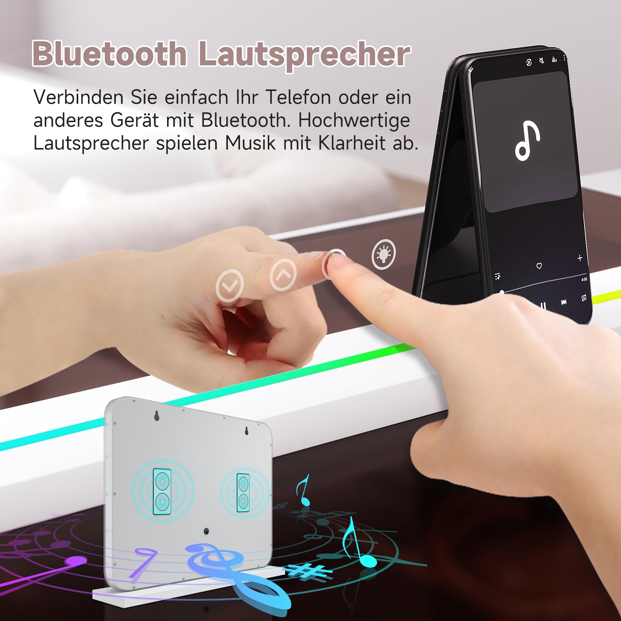 58x43cm Hollywood Spiegel mit RGB Beleuchtung Schminkspiegel mit 3 Farbtemperatur Licht und 10X Abnehmbare Lupe, Bluetooth, Wandmontiert oder Freistehend