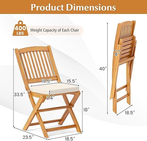 Miniatura 3 de Tangkula 4 sillas plegables de comedor al aire libre, sillas de patio de madera de acacia con cojines suaves, respaldos y asientos de listones,